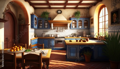 Colorful mediterrean kitchen with natural wood furniture and authentic looking interior. Generative AI