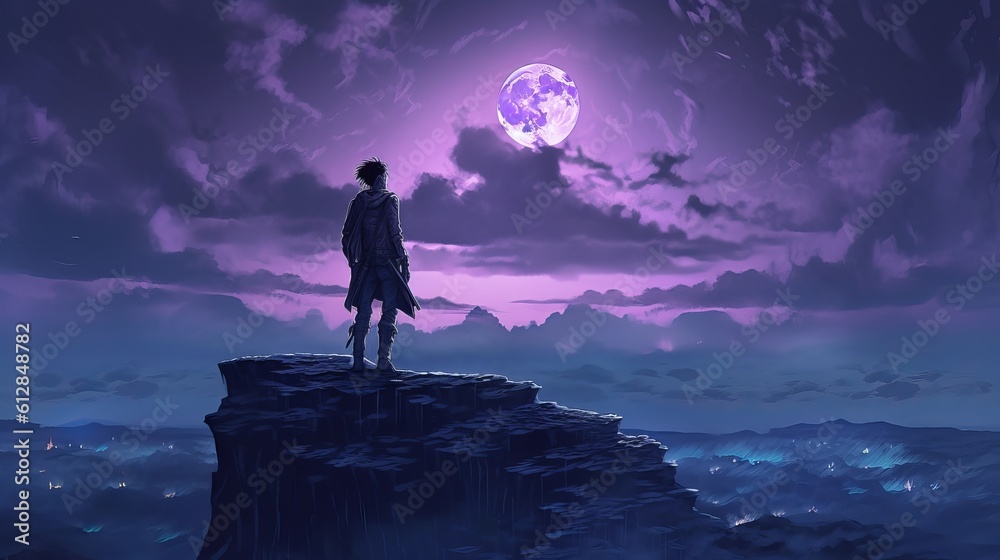 Person in the Moonlight - Emotional Anime Wallpaper: Solitude and Inner Turmoil in a Desolate Landscape, Generative AI