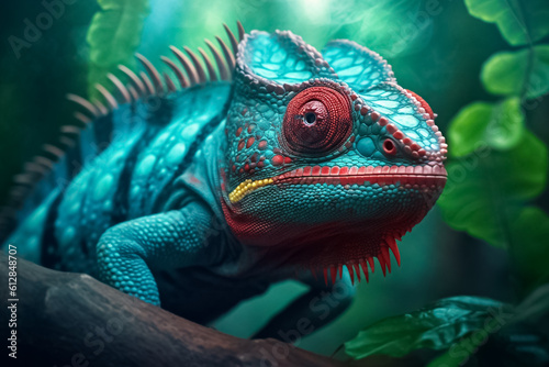 stunning turquoise chameleon, its intricate patterns and vibrant colors bringing a touch of fantasy to your imagination. Generative AI. © Surachetsh