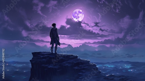 Person in the Moonlight - Emotional Anime Wallpaper: Solitude and Inner Turmoil in a Desolate Landscape, Generative AI