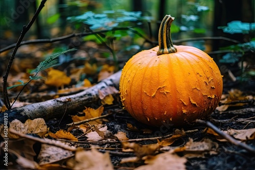 An Orange Pumpkin Amongst the Fall Colors  Perfect for Decorating or Celebrating Halloween  Thanksgiving  and Harvest  Generative AI