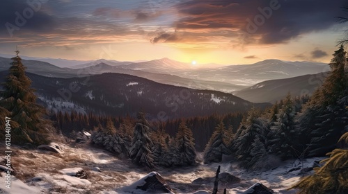 Breathtaking Winter Forest Vista from the Mountain Summit at Sunset: Nature's Finest Foliage, Trees & Sky Wrapped in a Panoramic Banner: Generative AI