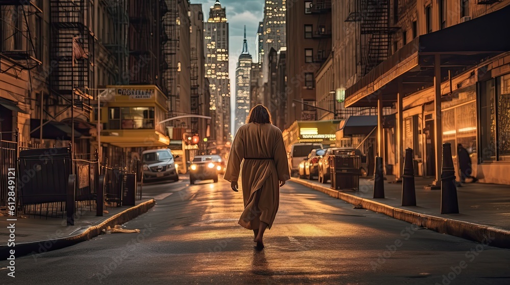 Jesus Christ Walks the Streets of New York City at Night, Surrounded by People, Buildings, and City Lights: Generative AI