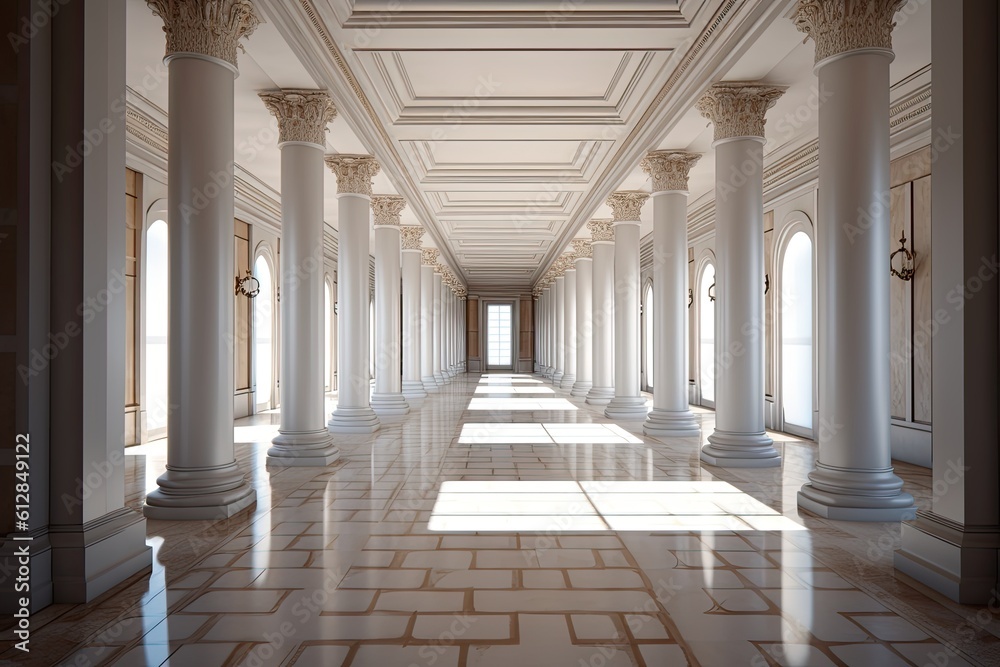 Luxurious Interior Design of Museum Corridor with Columns and Empty Hallway: Generative AI