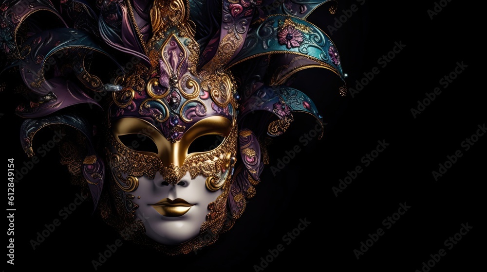 Mysterious Festive Rendez-Vous - Purple Fantasy Filigree Masked Carnival Tradition Antique Woman Portrait Isolated on Black Background, Banner, Wallpaper, Header: Generative AI