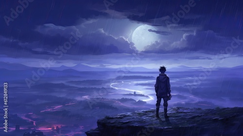 Brooding Anime Wallpaper: A Powerful Illustration of Solitude and Despair Amidst a Stormy Landscape, Generative AI