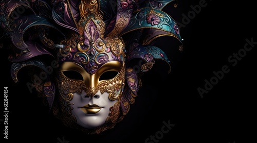 Mysterious Festive Rendez-Vous - Purple Fantasy Filigree Masked Carnival Tradition Antique Woman Portrait Isolated on Black Background, Banner, Wallpaper, Header: Generative AI © AIGen