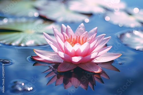 Peaceful Ethereal Beauty: A Pink Lotus Floating in a Dreamy Pool of Water. Generative AI
