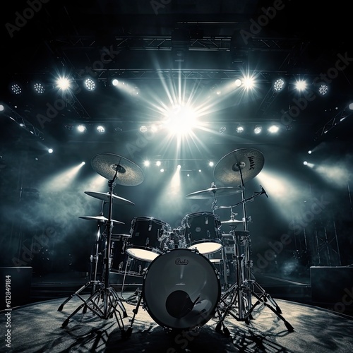 Rock Show in the Spotlight  Music and Entertainment on the Stage with Drums and Other Equipment  Generative AI