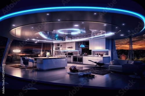 Photo of a futuristic smart home, showcasing automated systems and interconnected devices. Generative AI © Mustafa