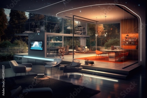 Photo of a futuristic smart home, showcasing automated systems and interconnected devices. Generative AI