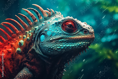beauty of an iguana lizard up close  with its skin boasting a fantasy-inspired palette and a textured pattern that seems straight out of a surreal dream. Generative AI.