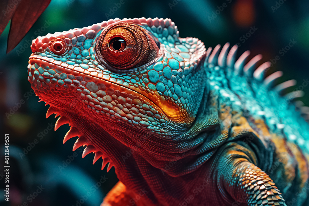 Obraz premium beauty of an iguana lizard up close, with its skin boasting a fantasy-inspired palette and a textured pattern that seems straight out of a surreal dream. Generative AI.