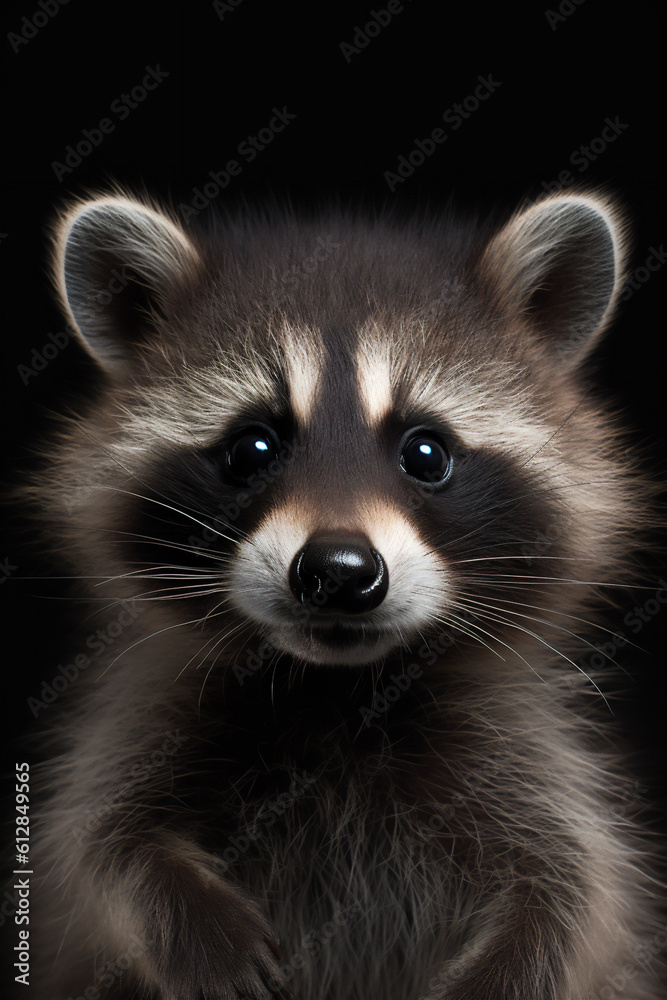 Adorable Raccoon Close-up on Black Background - Cute, Wildlife, AI Generated Adorable Raccoon Close-up on Black Background - Cute, Wildlife, AI Generated
