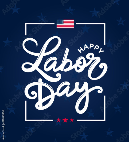 Labor day hand lettering, greeting card with USA, american flag, vector, icon, banner, graphic for labor day celebration, bbq, party, social media post, sign, badge, printable, Happy Labour Day photo