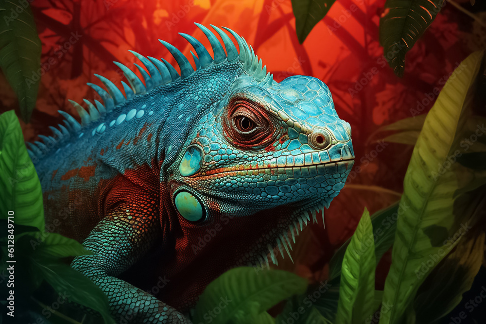 beauty of an iguana lizard up close, with its skin boasting a fantasy-inspired palette and a textured pattern that seems straight out of a surreal dream. Generative AI.