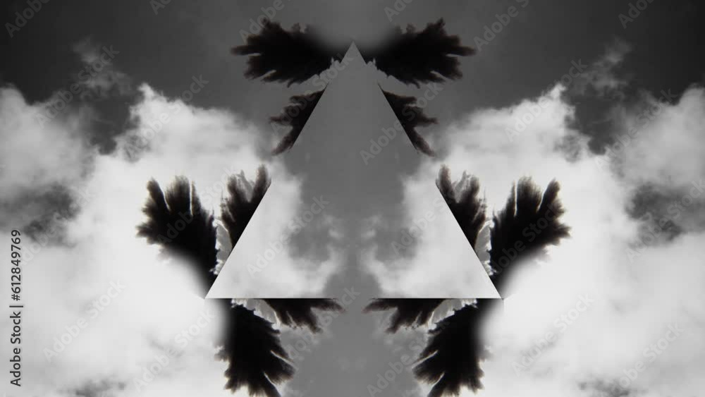 Computer graphics. A triangle around which smoke and spots diverge like a kaleidoscope. Psychology and psychiatry. Medical theme. Rorschach test