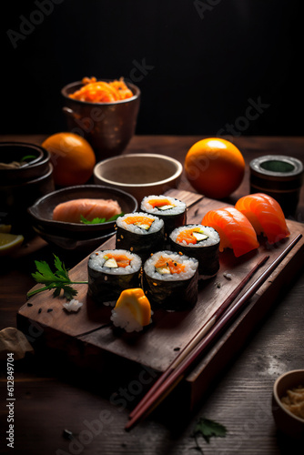 delicious maki and sushi on a table - culinary food photography for restaurant or recipe book, ai generated