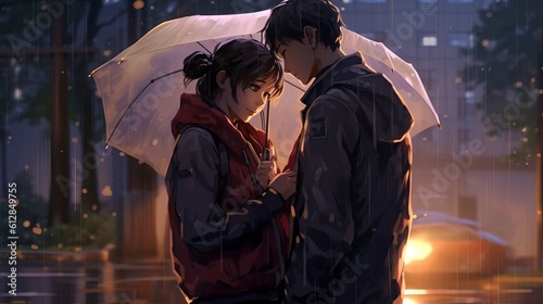 Captivating Anime Drama Couple: A Heartwarming Moment in the Rain, Sharing a Jacket, couple kissing in the city, Generative AI
