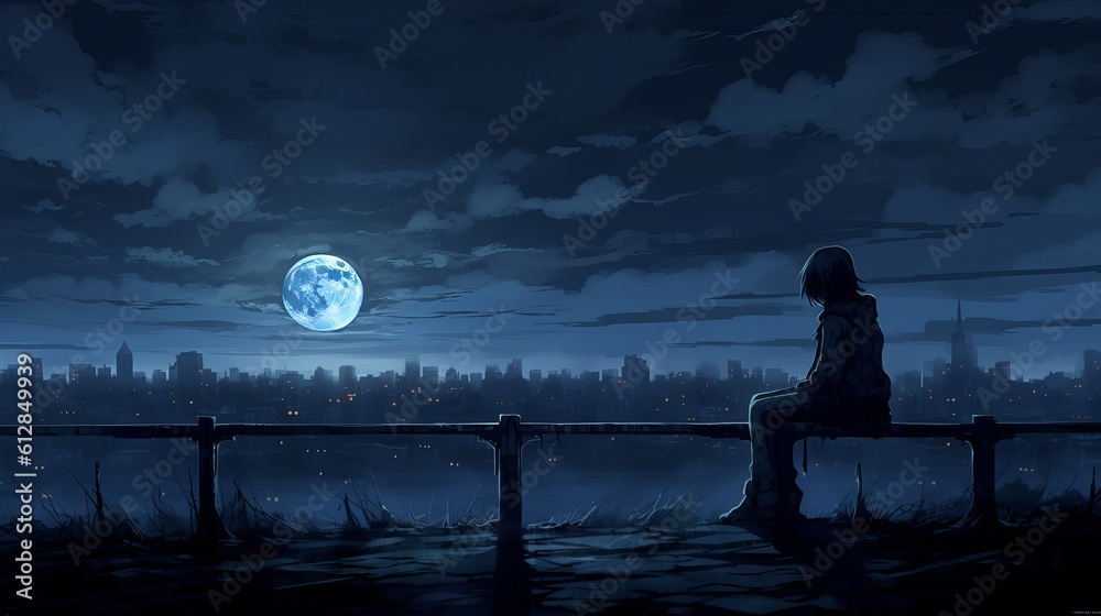 girl sitting on the bench, sunset on the lake, scene with moon, captivating anime HD wallpaper: embrace solitude in the darkness, Generative AI - obrazy, fototapety, plakaty 