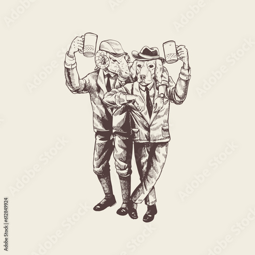Vintage illustration of dog and goat in suits holding beer drink and toasting