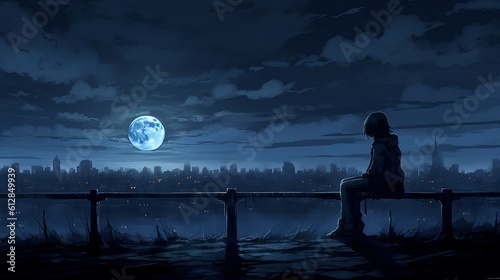 girl sitting on the bench, sunset on the lake, scene with moon, captivating anime HD wallpaper: embrace solitude in the darkness, Generative AI