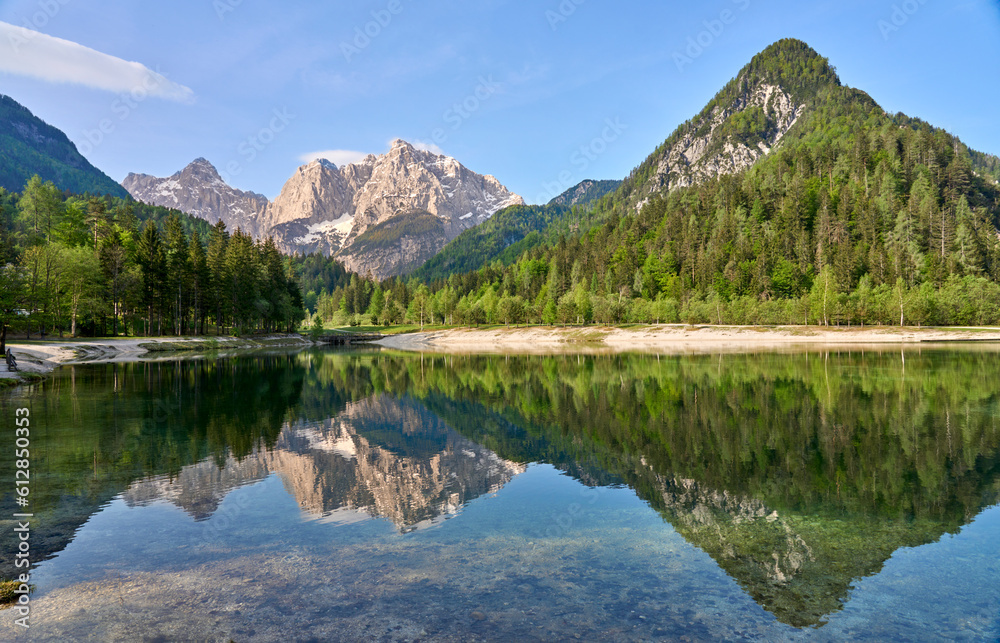 Mountain landscape at Lake Jasna in the Triglav National Park near Kranska Gora, Julian Alps, Slovenia