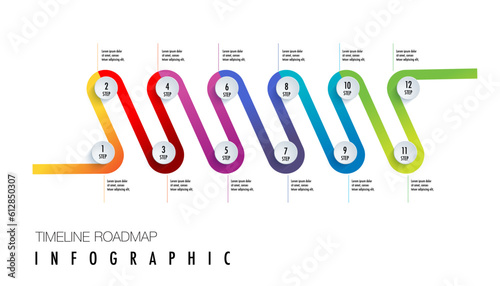 Business year plan infographic template. Diagram with 12 steps or months options, steps, parts or processes  and presentation