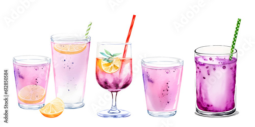 Set of watercolor pink summer drinks in glasses, cocktails with straw and bubbles, lemon slices, vector
