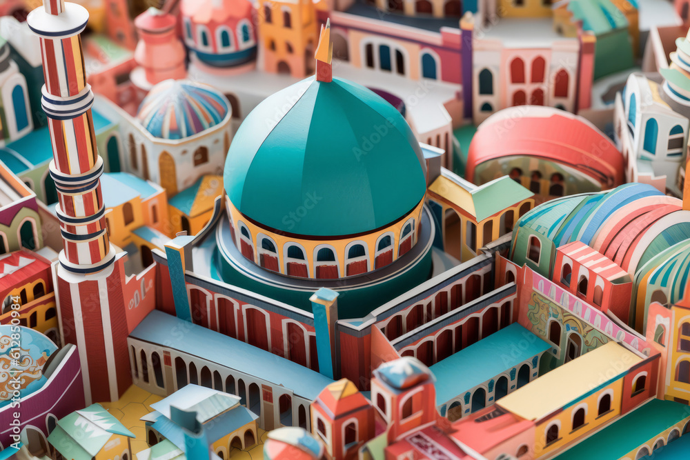 A traditional islamic religious mosque building made from paper cutout design. Generative ai