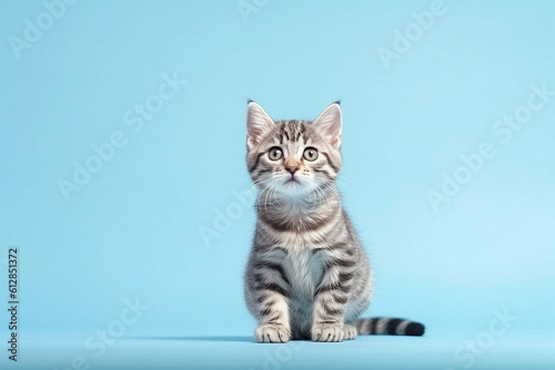 Cute cat on blue background with copy space Generative Ai