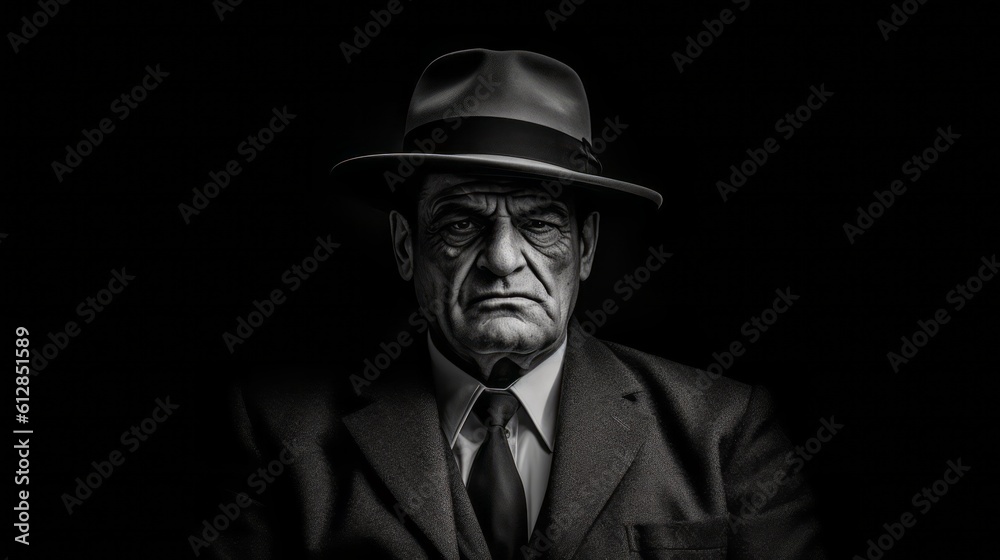 Portrait of a Cosa Nostra member. Italian mafia man concept. Generative AI. Portrait of a Cosa Nostra member. Italian mafia man concept. Generative AI.