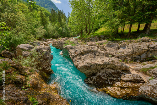 wild canyon with cristal clear turquoise water in the Soca valley, Trigalv National Park near Bovec, Slovenia