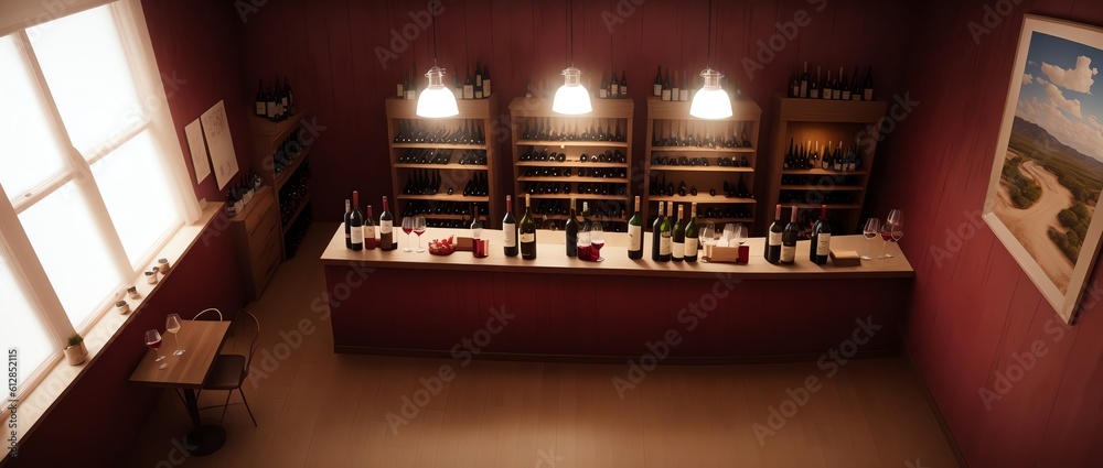 Aerial View of a Wine tasting room with maroon walls in Dramatically lit using Depth of field Photograph style. Generative AI