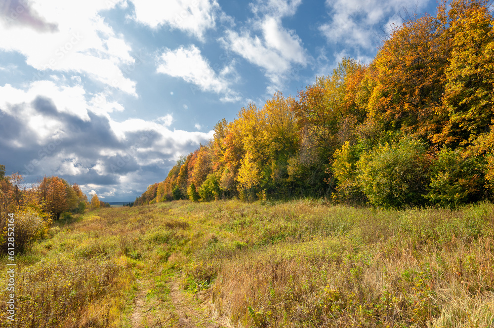 Autumn landscape photo. Mixed forests, meadows, ravines, cloudy sky, wonderful season.
