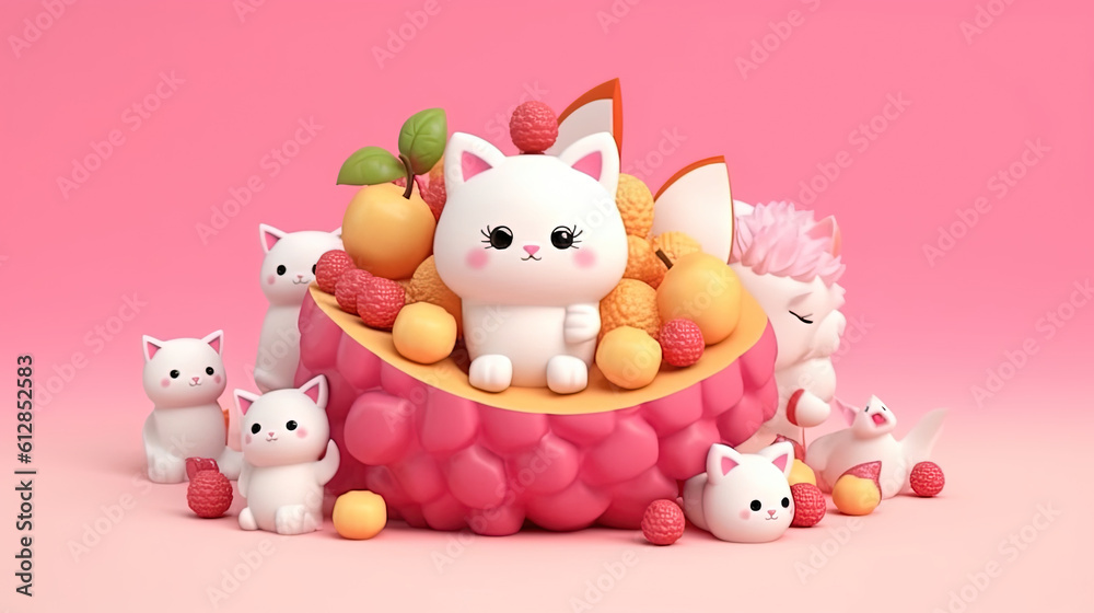 Cute voluminous fruit in Asian style. Cartoon fruit with a animal. Gentle square illustration with 3d character. White animal on a pink background with sweets Cute voluminous fruit in Asian style. Cartoon fruit with a animal. Gentle square illustration with 3d character. White animal on a pink background with sweets