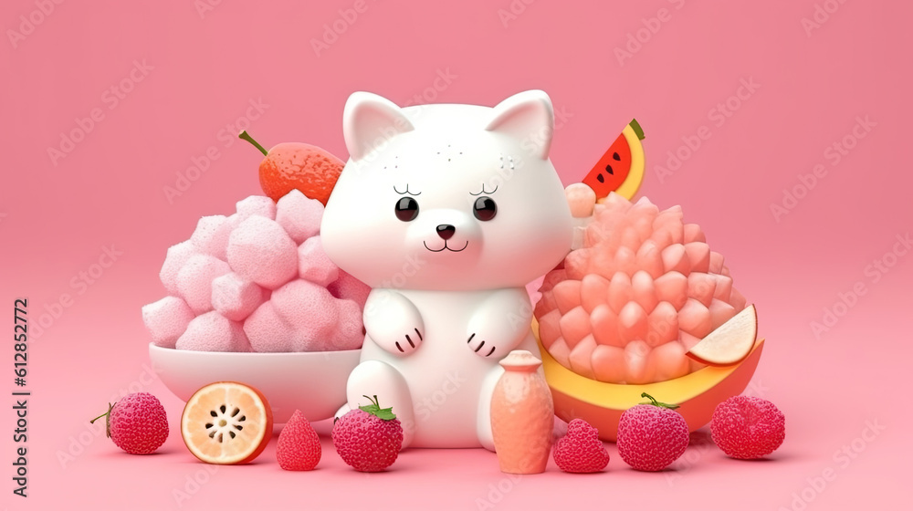 Cute voluminous fruit in Asian style. Cartoon fruit with a animal. Gentle square illustration with 3d character. White animal on a pink background with sweets Cute voluminous fruit in Asian style. Cartoon fruit with a animal. Gentle square illustration with 3d character. White animal on a pink background with sweets