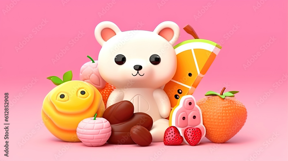 Cute voluminous fruit in Asian style. Cartoon fruit with a animal. Gentle square illustration with 3d character. White animal on a pink background with sweets Cute voluminous fruit in Asian style. Cartoon fruit with a animal. Gentle square illustration with 3d character. White animal on a pink background with sweets