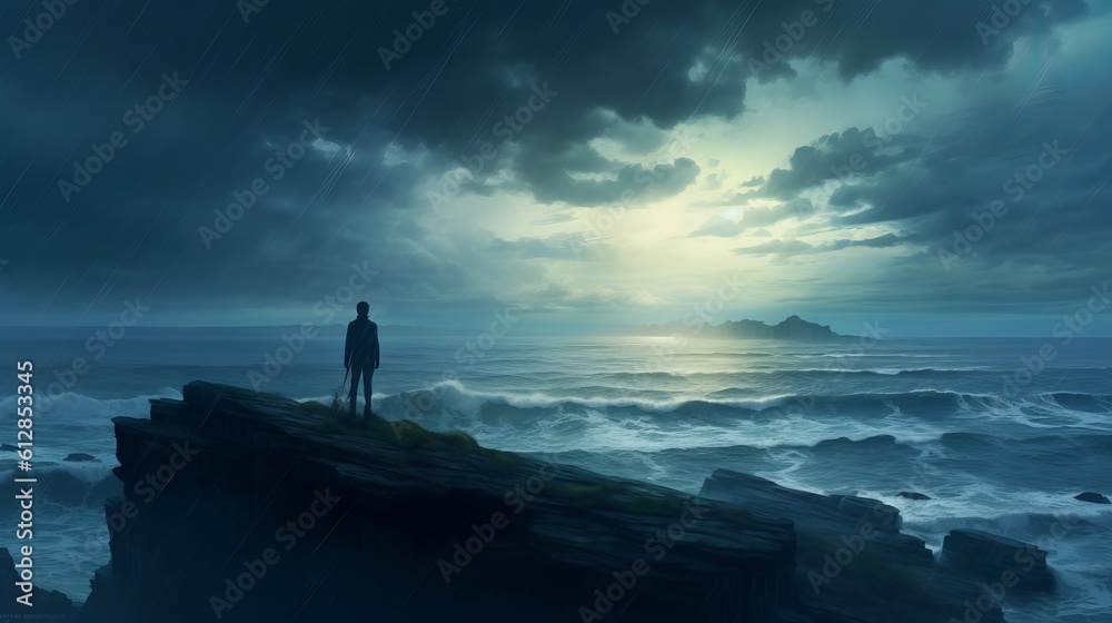 Silhouette of a Person on the Beach - Emotional Anime HD Wallpaper: Solitary Figure on Cliff, Stormy Sea, Dark Clouds, Generative AI