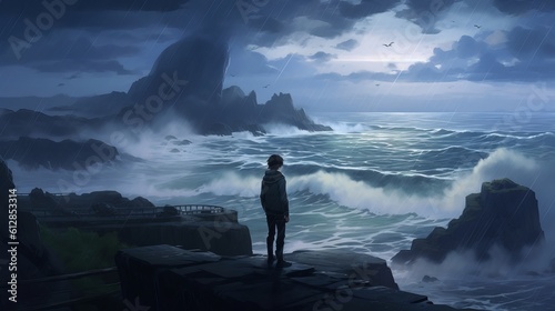 Emotional Anime HD Wallpaper: Solitary Figure on Cliff, Stormy Sea, Dark Clouds - Storm over the Sea, Generative AI