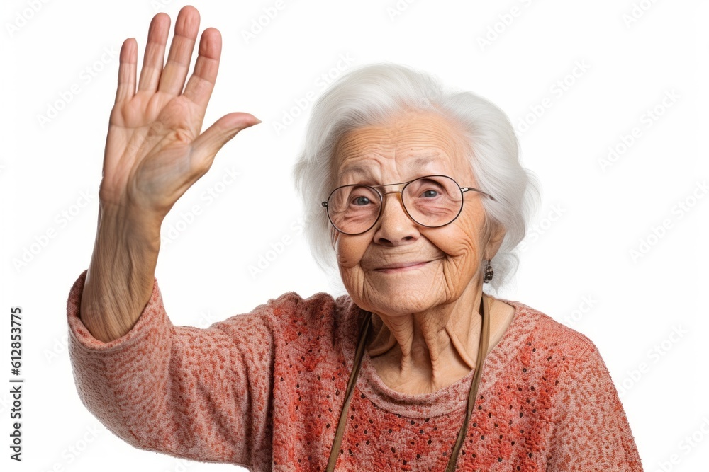 Close-up portrait photography of a beautiful old woman waving with the hand against a white background. With generative AI technology