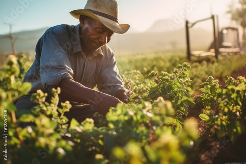 Photo of a hardworking farm laborer in a sunlit field, tending to the crops. Generative AI