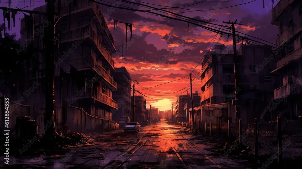 Sunset in the Town - Dusk in an Abandoned City: Evocative Anime Wallpaper with Desolate Cityscape and Vibrant Colors, Generative AI