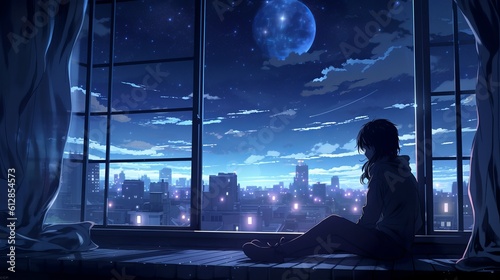 Lonely Anime Figure Gazing at Star-Filled Night Sky - HD Wallpaper with Emotional Depth, Generative AI