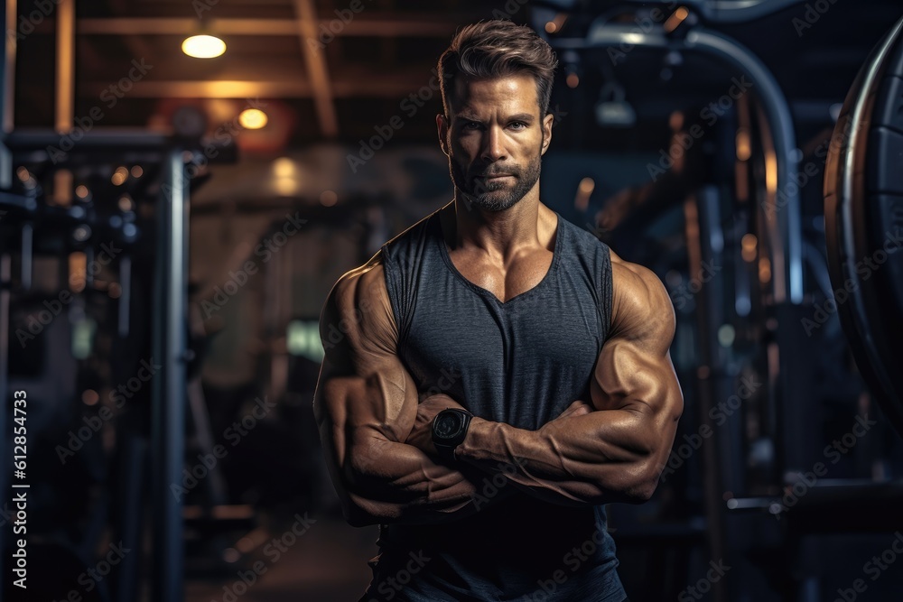 Handsome muscular man in gym posing. Generative AI