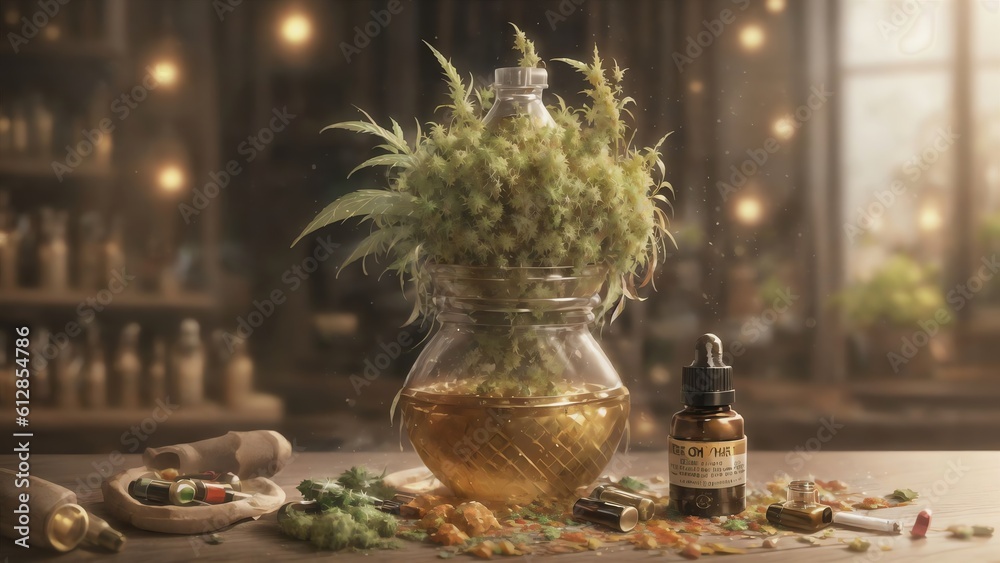 Fototapeta premium Cbd Oil. Thc Tincture. Hemp Leaves. Cosmetics In Glass Bottles. Generative AI