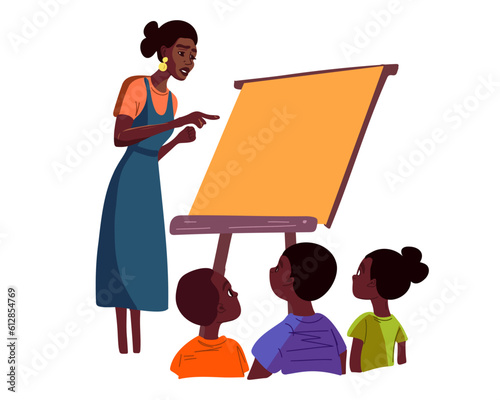 School in Africa. African American teacher, school teacher standing at the blackboard and back view of the students in the elementary school classroom. Flat vector illustration
