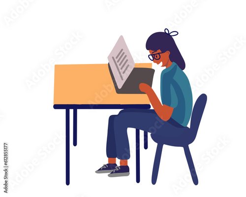 Girl sitting at the table with a tablet, back to school, homeschooling, flat style vector illustration.