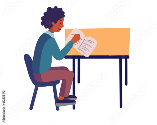 Boy sitting at the table with a book or notebook, back to school, homeschooling, flat style vector illustration.