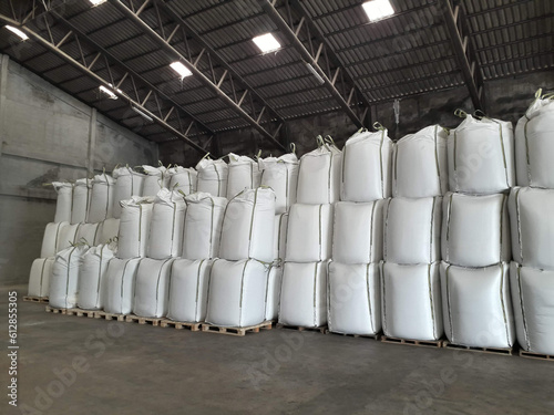 Chemical fertilizer Urea Stock pile jumbo-bag in a warehouse waiting for shipment.